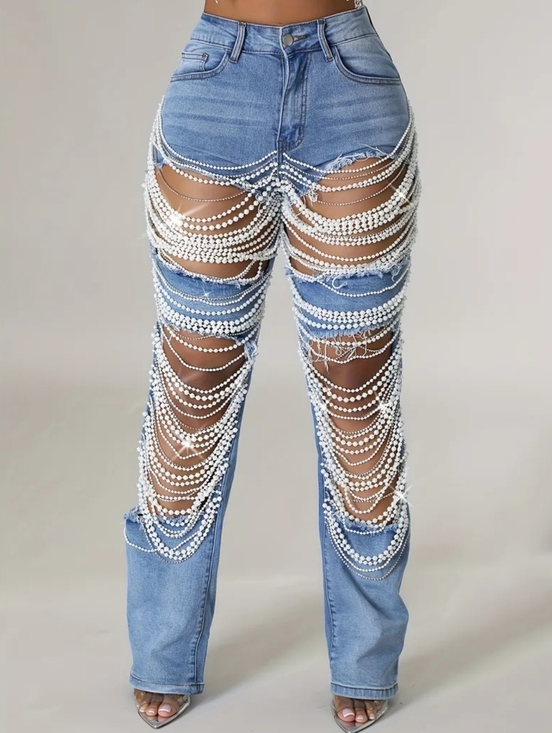Denim - Light Blue Pearl-Embellished Distressed Women's Jeans
